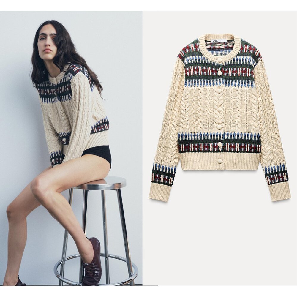 NEW ZARA contrasting jacquard knit cardigan 0021